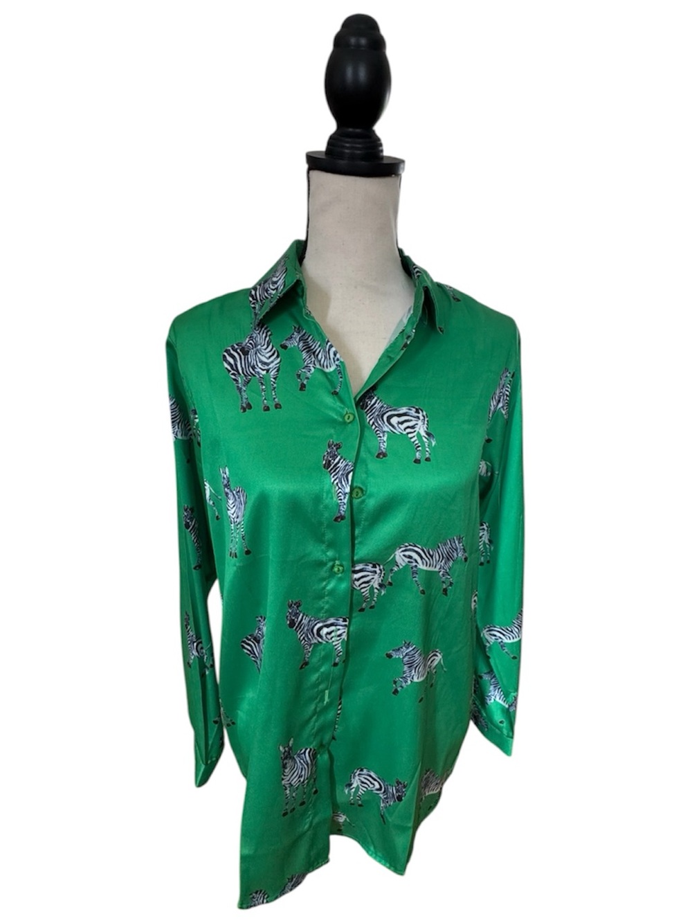Button down long sleeve zebra print satin blouse